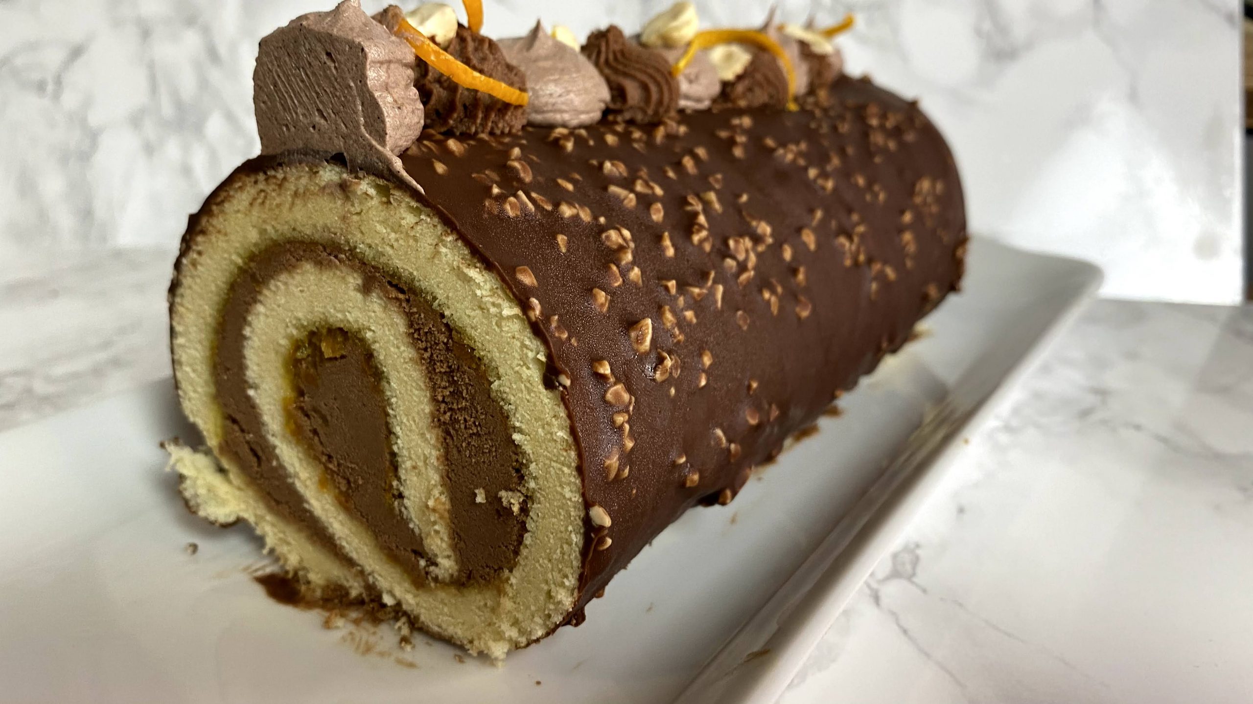 Chocolate Yule Log (Christmas Roll) with Chocolate Rocher Glaze